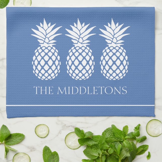 Vornehme weiße Ananas auf Blau Geschirrtuch (Gefaltet)