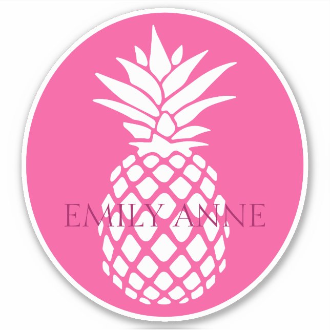 Vornehme weiße Ananas auf personalisierter rosa Fa Aufkleber (Vorderseite)