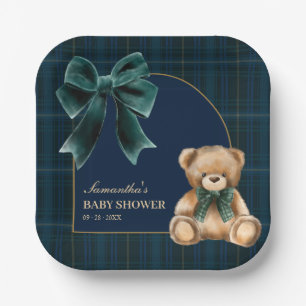 Vornehmer Teddybär Grün Kariert Baby Shower Pappteller
