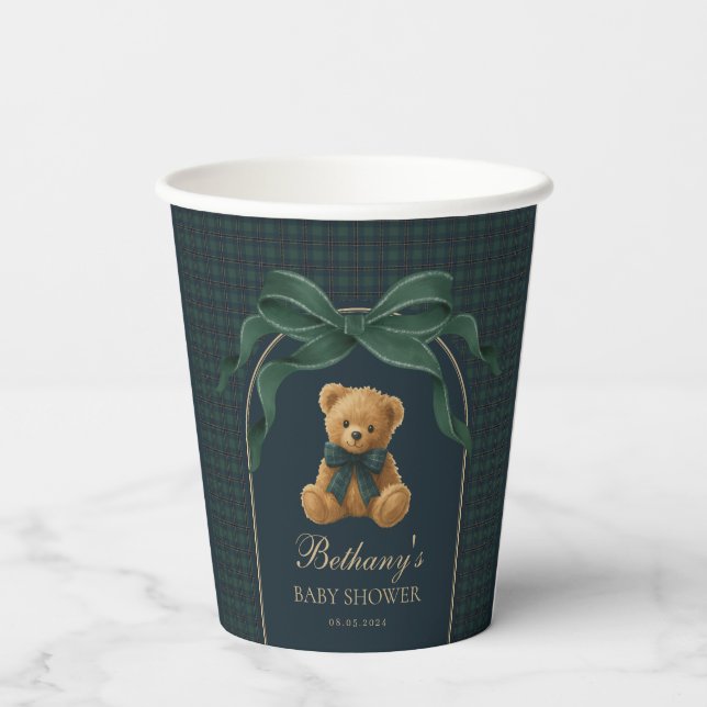 Vornehmer Teddybär im Polo-Look in Grün-Navy-Karie Pappbecher (Rückseite)