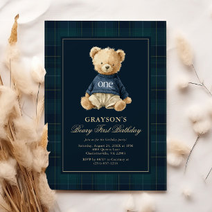 Vornehmer Teddybär zum 1. Geburtstag Einladung