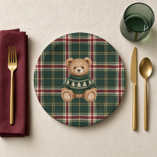 Vornehmer Winter-Teddybär-grüner-Tartan-Geburtstag Pappteller