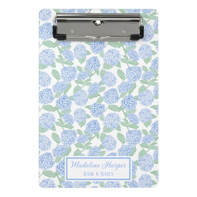 Vornehmes Blau & Grüne Hortensien Monogramm Mini Klemmbrett (Vorderseite)