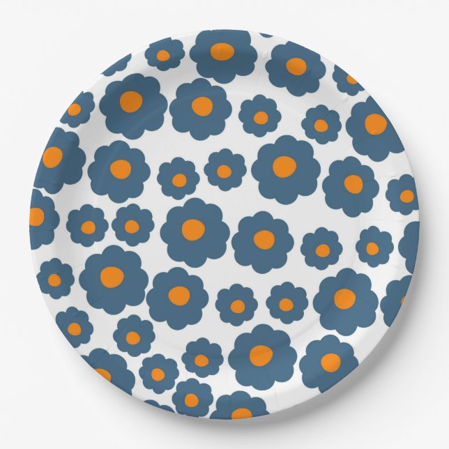 Vornehmes blaues oranges Hippie-Blumenmuster-Papie Pappteller (Vorderseite)