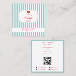 Vornehmes Grün & Rosa Streifen Bäckerei-Logo QR-Co Quadratische Visitenkarte