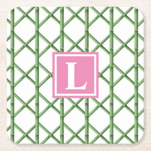Vornehmes grünes Bambus-Spalier-Monogramm Rechteckiger Pappuntersetzer