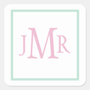 Vornehmes Hellgrün & Rosa Monogramm Quadratischer Aufkleber