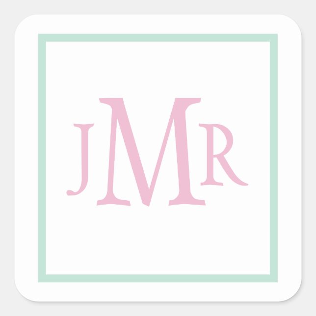 Vornehmes Hellgrün & Rosa Monogramm  Quadratischer Aufkleber (Vorderseite)