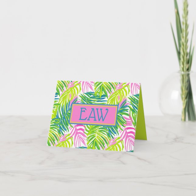 Vornehmes Pink und grüne Palmwedel-Monogramm (Vorderseite)