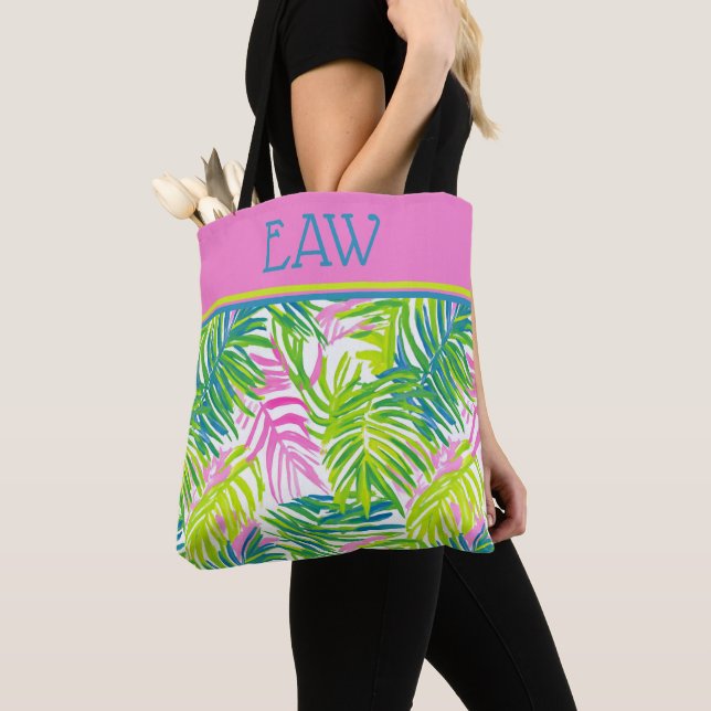Vornehmes Pink und grüne Palmwedel-Monogramm (Von Nahem)