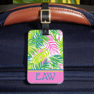 Vornehmes Pink und grüne Palmwedel-Monogramm Gepäckanhänger