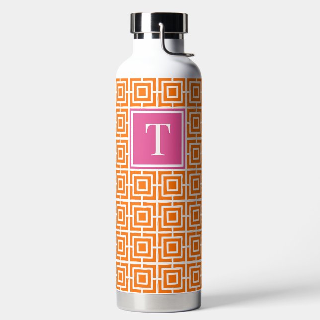 Vornehmes quadratisches Gitter-Monogramm Orange un Trinkflasche (links)
