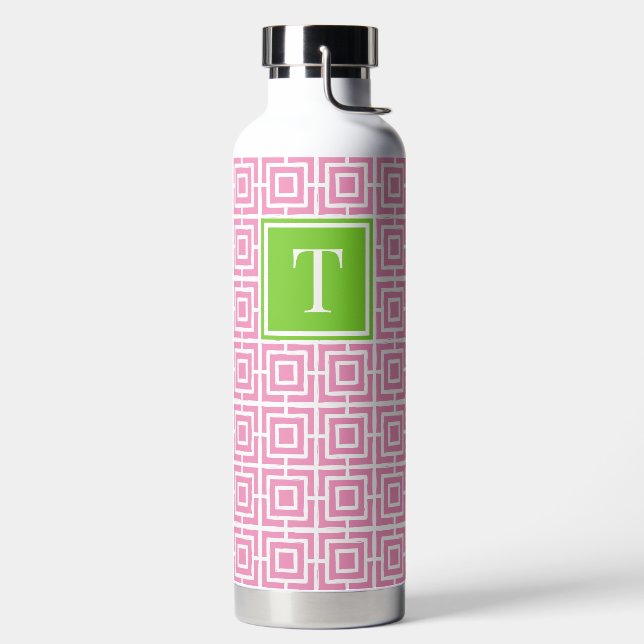 Vornehmes quadratisches Gitter-Monogramm – Rosa &  Trinkflasche (links)