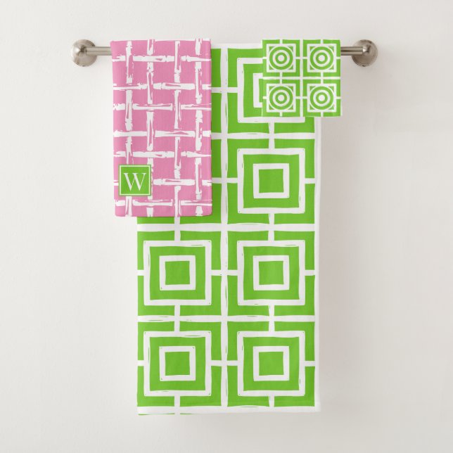 Vornehmes quadratisches Gitter - Pink & Limettengr Badhandtuch Set (Insitu)