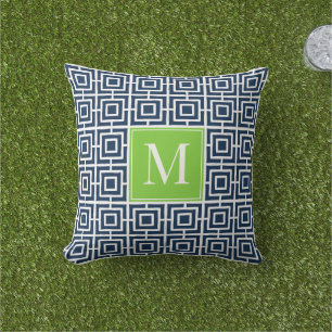 Vornehmes quadratisches Gittermonogramm – Marinebl Kissen