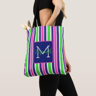 Vornehmes Rosa Grün Marineblau Streifen Monogramm