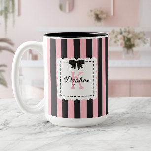Vornehmes Rosa Schwarz gestreiftes Schleifen Monog Zweifarbige Tasse