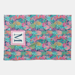 Vornehmes Rosa Türkis Marineblau Ananas Monogramm Geschirrtuch