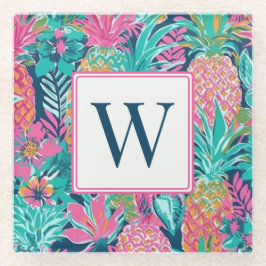 Vornehmes Rosa Türkis Marineblau Ananas Monogramm Glasuntersetzer