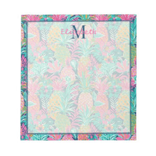 Vornehmes Rosa Türkis Marineblau Ananas Monogramm Notizblock