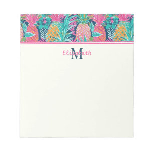 Vornehmes Rosa Türkis Marineblau Ananas Monogramm Notizblock