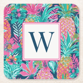 Vornehmes Rosa Türkis Marineblau Ananas Monogramm Rechteckiger Pappuntersetzer