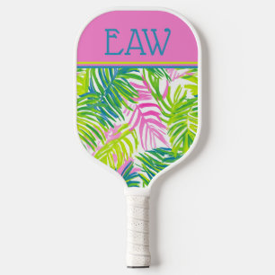 Vornehmes Rosa und Grünes Palmwedel-Monogramm Pickleball Schläger