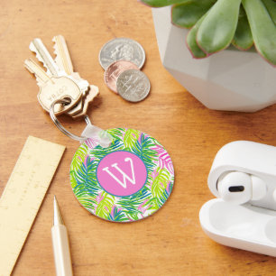 Vornehmes Rosa und Grünes Palmwedel-Monogramm Schlüsselanhänger
