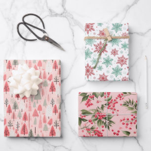 Vornehmes rosa und grünes Weihnachtsmuster Geschenkpapier Set
