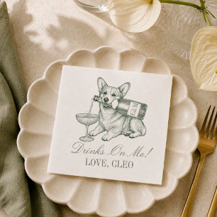 Vornehmes Salbeigrün Corgi Champagner Hochzeit Serviette
