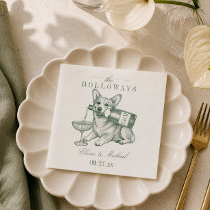 Vornehmes Salbeigrün Corgi Champagner Hochzeit Serviette