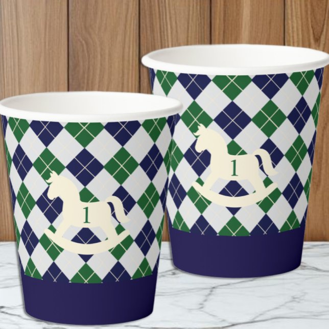 Vornehmes Schaukelpferd Argyle 1. Geburtstag Pappbecher (Von Creator hochgeladen)