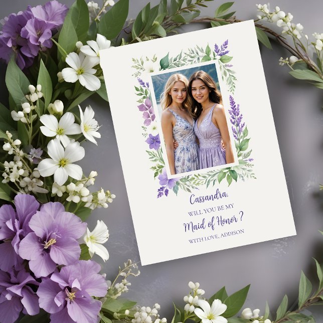 Vorschlag für ein Foto mit Blumenrahmen (Cherish Cute Floral Frame Bridesmaid Photo Proposal Card in Lavender Shades. )