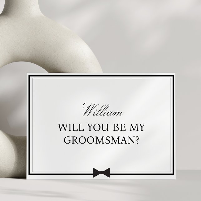 Vorschlag für einen personalisierten Namen Bowtie  Karte (Ask your groomsmen with this elegant, minimalist card. Black and white design with a charming bowtie)