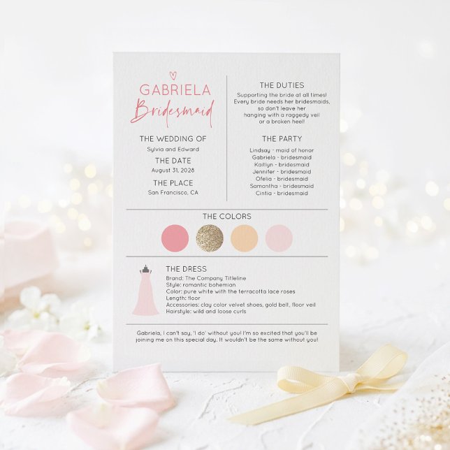 Vorschlag und Informationen von Pink Bridesmaid (Pink and Gold Bridesmaid Proposal Information Card)