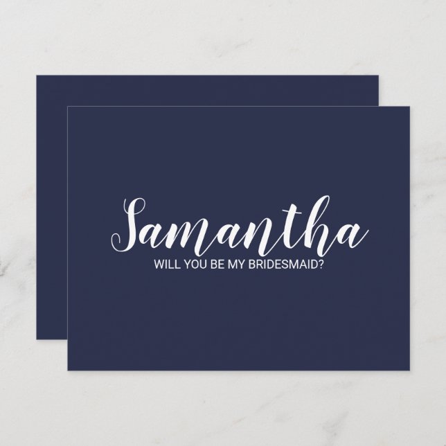 Vorschlag von Bridesmaid | Modern Script Navy Blue Einladung (Vorne/Hinten)