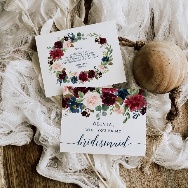 Vorschlagskarte für Burgundy Navy-Floral-Bridesmai Postkarte (Von Creator hochgeladen)