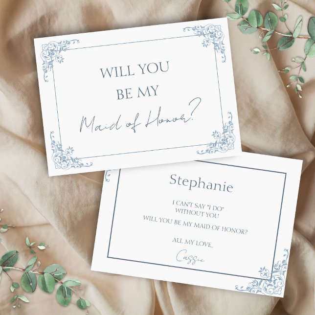 Vorschlagskarte für die blaue und weiße Trauzeugin Dankeskarte (elegant blue and white vintage minimalist will you be my maid of honor bridal proposal for matrons)