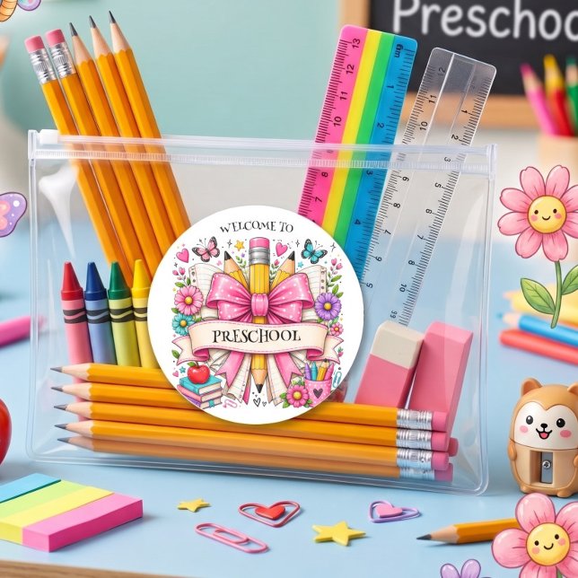 Vorschul-Willkommens-Retro-Bleistift Runder Aufkleber (Von Creator hochgeladen)