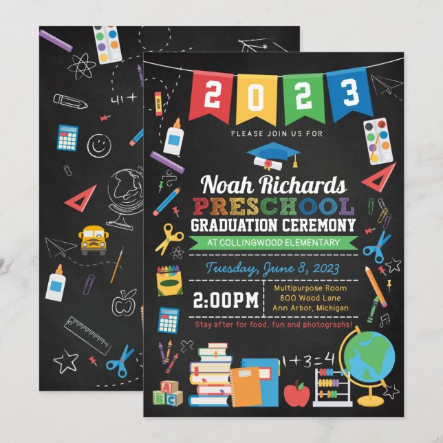 Vorschulen Abschluss Bunting & Chalkboard Einladung (Vorne/Hinten)