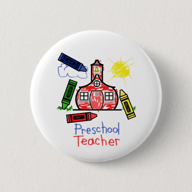 Vorschullehrer-Knopf - Schulhaus u. Zeichenstifte Button (Vorderseite)