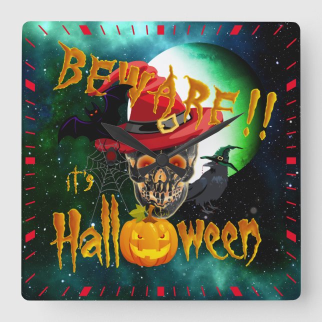 Vorsicht, es ist Halloween-Skull & Moon Quadratische Wanduhr (Vorderseite)