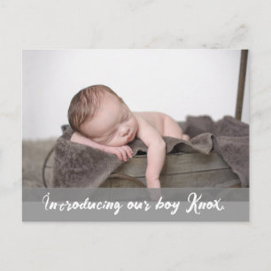 Vorstellung unseres Jungen, Name Baby Foto Ankündigungspostkarte