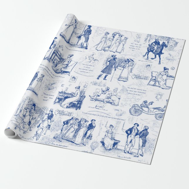 Vorurteil und Stolz Blue Toile Quotes Illustration Geschenkpapier (Ungerollt)