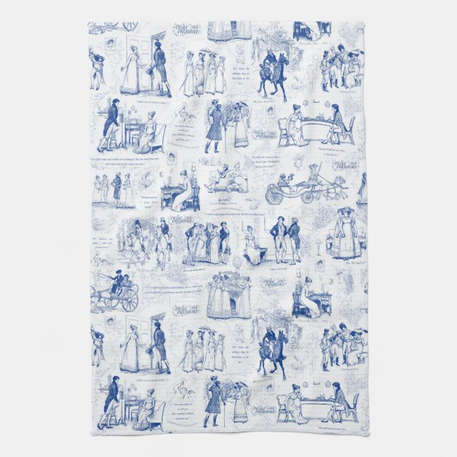 Vorurteil und Stolz Blue Toile Quotes Illustration Geschirrtuch (Vertikal)