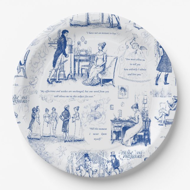 Vorurteil und Stolz Blue Toile Quotes Illustration Pappteller (Vorderseite)