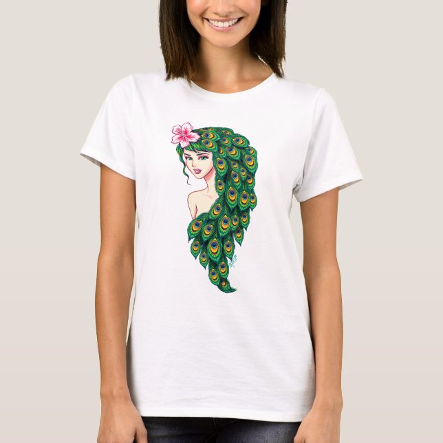 Vorzügliche Pfau-Göttin-Kunst-moderne Ernte-Spitze T-Shirt (Vorderseite)