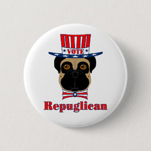 Vote rePUGlican Funny Mops in Red White Blue Hat Button