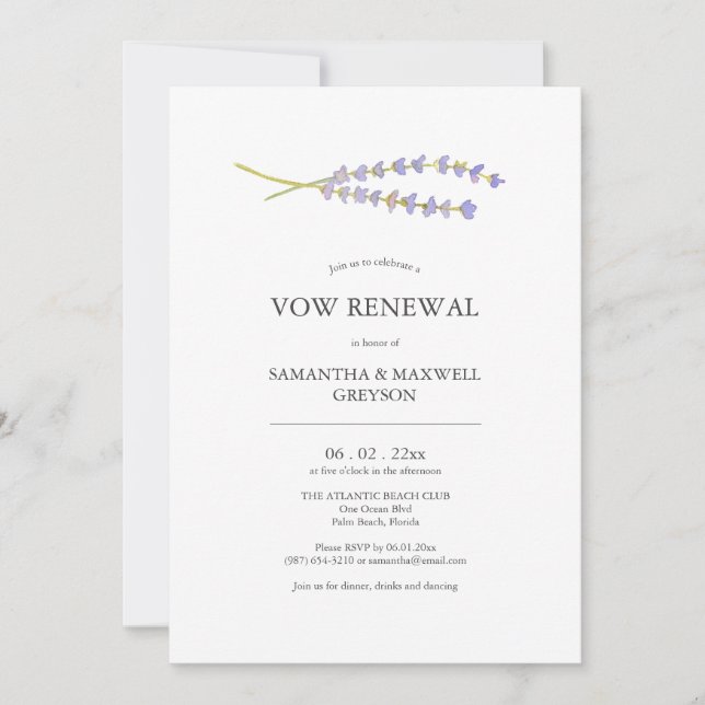 Vow Renewal Invitation Watercolor Lavendel Einladung (Vorderseite)