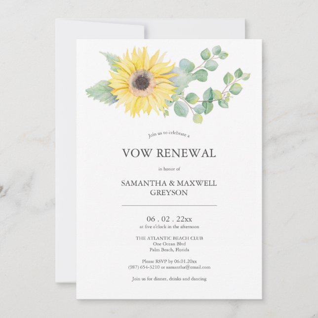 Vow Renewal Invitation Watercolor Sonnenblume Einladung (Vorderseite)